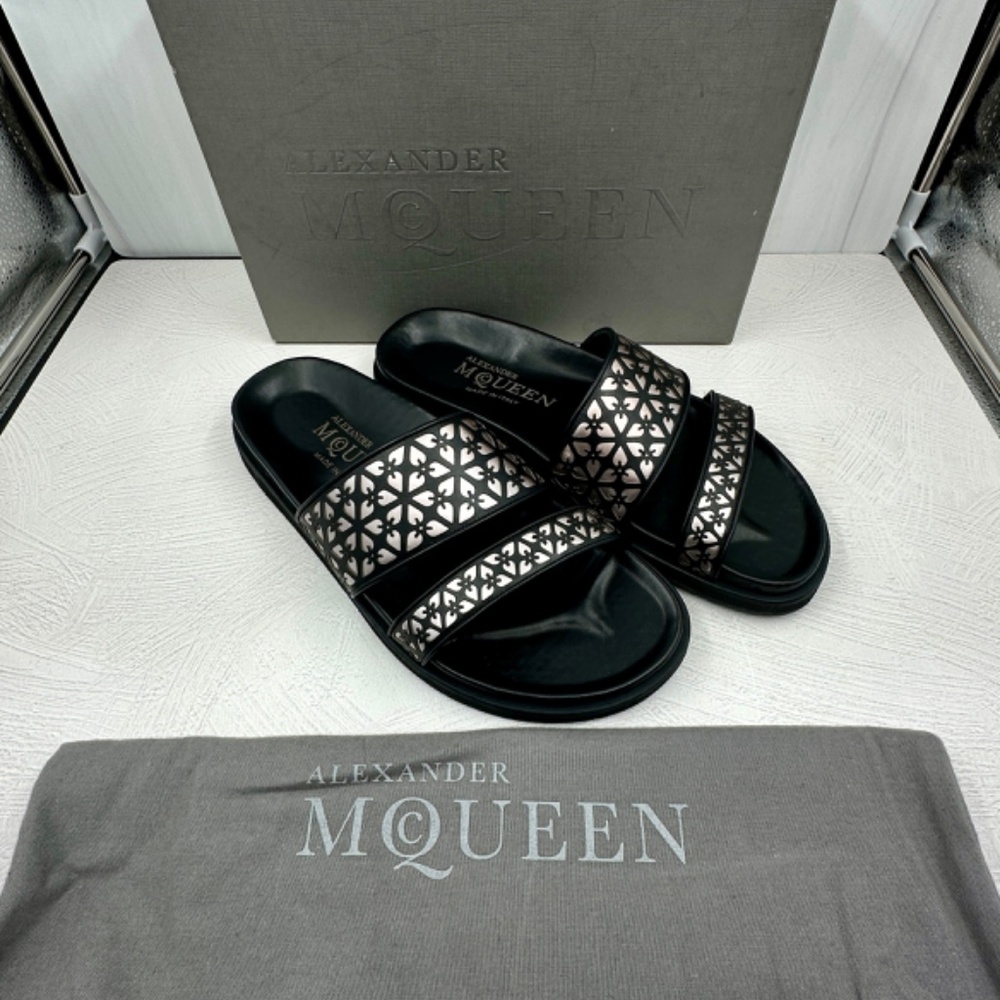 Alexander McQueen Pelle S Gomma Sandals Black/Silver Leather Slides EU 40 US 9.5